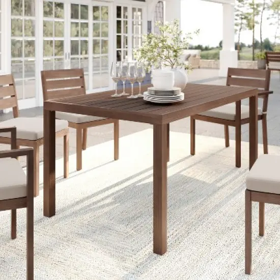 Martha Stewart Bedford 62" Indoor-Outdoor Patio Table with Brushed Woodgrain Aluminum Finish image {1}