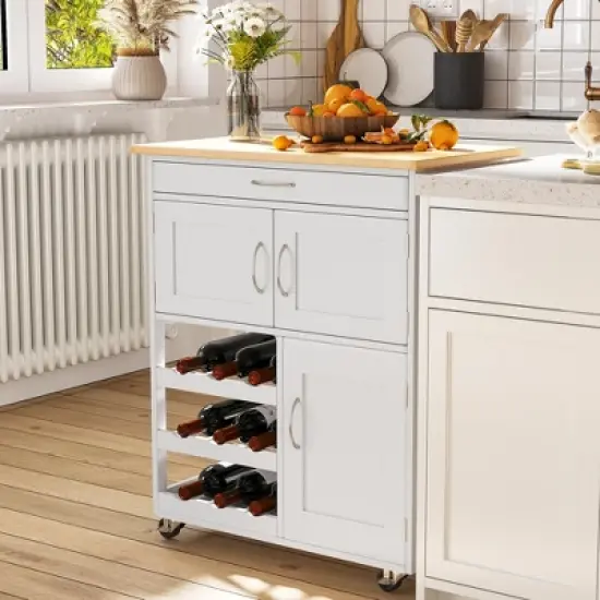 HOMCOM Bar Cart Rolling Kitchen Island on Wheels with 9-Bottle Wine Rack, Small Kitchen Cart Kitchen Storage Cabinets, Wooden Countertop, White image {1}