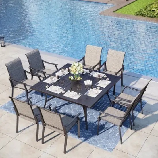 Captiva Designs 9pc Spacious Slat-top Square Metal Table with Umbrella Hole & Brown Textilene Fixed Chairs image {15}
