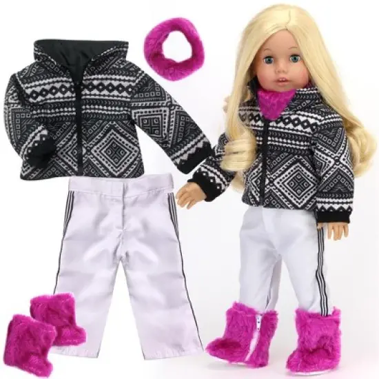Sophia&rsquo;s Print Ski Coat, White Pants, Neck Warmer, & Boots Set for 18&rdquo; Dolls, Black/Berry image {1}
