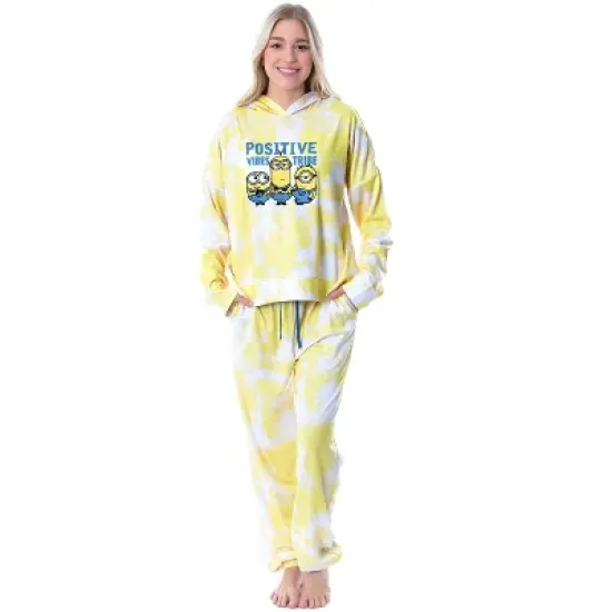 Minions Positive Vibes Tie Dye Womens' Pajama Cropped Hooded Jogger Set Yellow image {7}