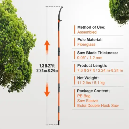 VEVOR Manual Pole Saw, 7.3-27 ft Extendable Tree Pruner, Manual Branch Trimmer with Lightweight 8 Fiberglass Handles, for Pruning Palms and Shrubs image {7}