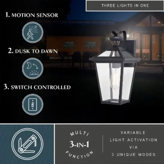 VAXCEL Derby 1 Light Matte Black Motion Sensor Dusk to Dawn Outdoor Wall Lantern Clear Glass Shade, LED Compatible image {1}