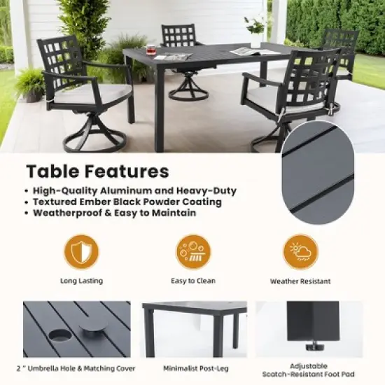 DOMETOUR Modern 5Pcs Outdoor Patio Dining Set, A Rectangular Table & Four Swivel Rock Dining Chairs, Rust-Free, Weather-Resistant, for Garden image {3}