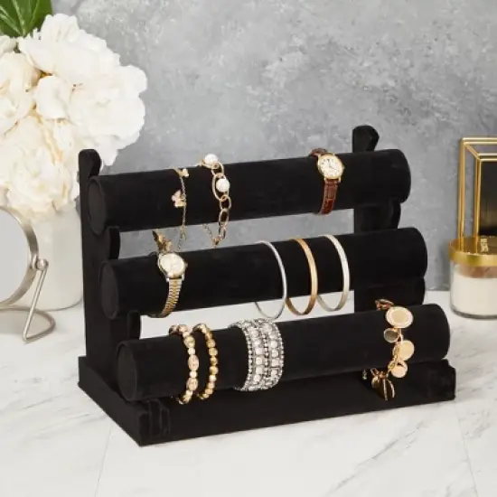Juvale 3-Tier Velvet Bracelet Holder Stand and Organizer - Jewelry Display Rack for Selling Necklaces and Accessories (Black) image {2}