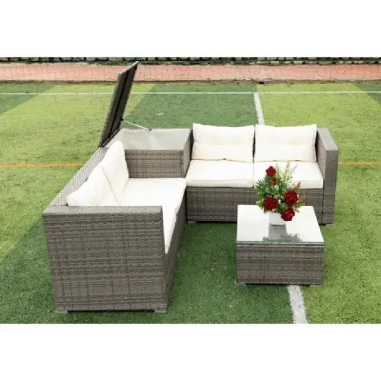 4pc Wicker Patio Sectional Seating Set with Cushions - Gray/Beige - GODEER image {4}
