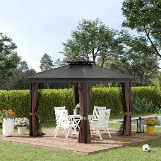 Outsunny Metal Hardtop Gazebo with Mesh Sidewalls & Curtains, Double Roof Pavilion for Patio, Backyard, Deck, Porch image {2}