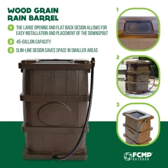 FCMP Outdoor Slim Line Design 45 Gallon Wood Grain Outdoor Home Rain Water Catcher Barrel Flat Back Container with Spigots and Mesh Screen image {1}