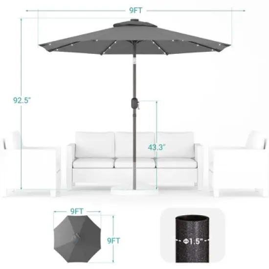 Sonkuki 9 ft Outdoor LED Round Solar Lighted Patio Market Umbrella W/Tilt, UV-Resistant Fabic for Backyard, Garden image {2}