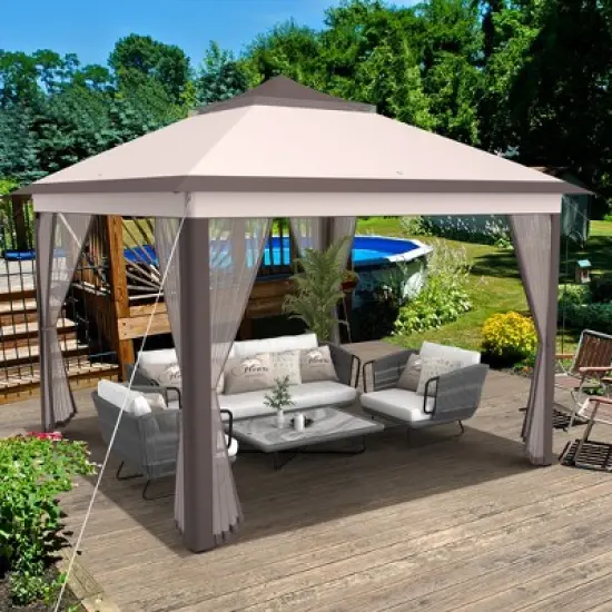 Costway 11'x11' 2-Tier Pop-Up Gazebo Tent Portable Canopy Shelter Carry Bag Mesh Brown\Beige image {1}