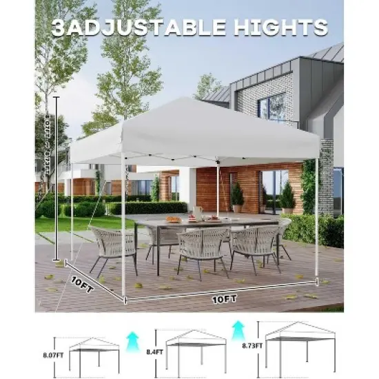 Garvee 10x10 Pop Up Canopy with Removable 3 Sidewalls - Easy Up Camping Tent with One Button Push Setup - 3 Adjustable Height, 4 Weight Bags - White image {4}