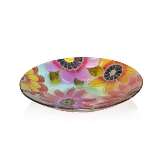 Alpine 18" Glass Birdbath with Colorful Flowers: Freestanding Garden Decor, Weather-Resistant image {2}