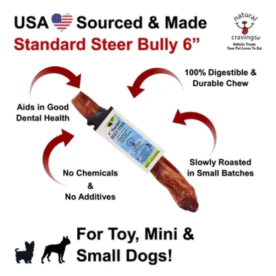 Natural Cravings: Standard Steer Bully Stick - 3 Pack - 6" Dog Chew Treat, Sm-Md Dogs Light Chewers, Single Ingredient Roasted Beef Pizzle, USA Made image {1}