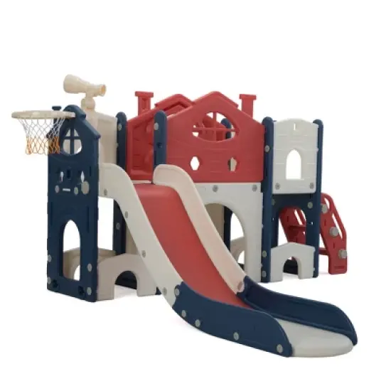 INFURNIC Baby Activity Gyms Kids House-Shaped Slide and Playset, Indoor, Outdoor Playground with Basketball Hoop, Multicolored, 76.18"*65.35"*38" image {4}