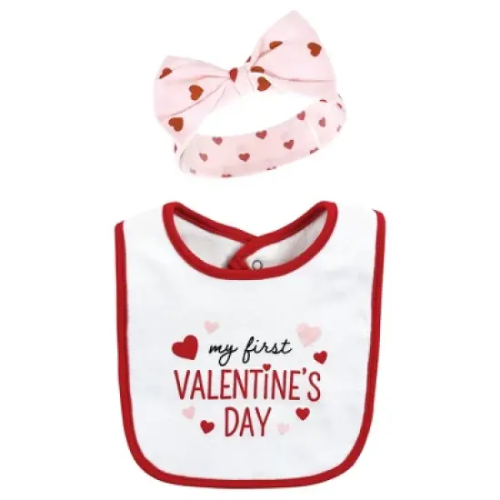 Hudson Baby Infant Girl Cotton Bib and Headband or Caps Set, Valentine Sweetheart, One Size image {2}