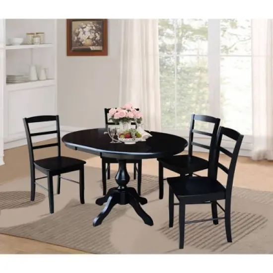 36" Round Extension Table with 4 Madrid Ladderback Dining Chairs Black - International Concepts image {1}