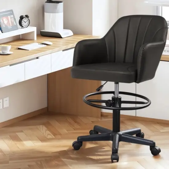 VECELO Drafting Chair with Adjustable Height PU Swivel Stool with Lumbar Support image {16}