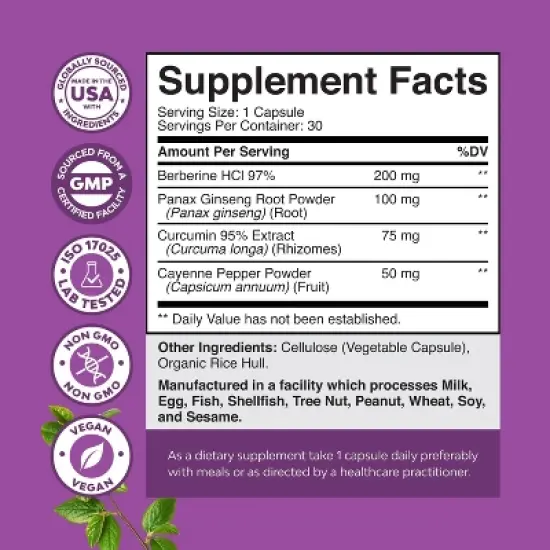 GLP-1 Booster Capsules, Berberine + Panax Ginseng, Turmeric Curcumin & Cayenne Pepper for GLP1 Metabolic Balance & Gut Health, Nature's Craft, 30ct image {2}