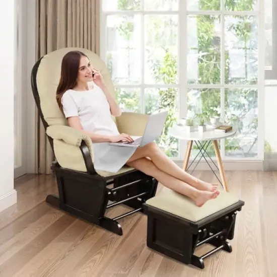 Costway Baby Nursery Relax  Rocker Rocking Chair Glider &Ottoman Set w/Cushion Light Grey\ Beige\Dark Grey image {2}