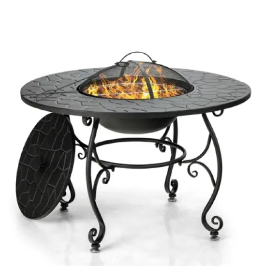 WELLFOR 35.5" Wood Burning Dining Table Outdoor Fire Table With Cover & Cook Grate W-70941 Black image {10}