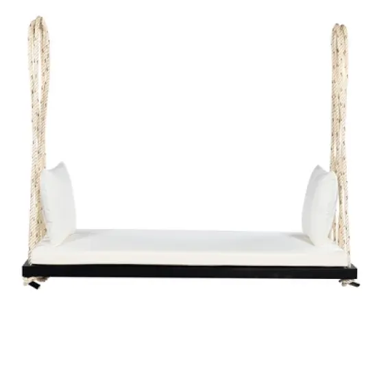 63" Acacia Wood Hanging Patio Swing Chair with Cushions & 10.8ft Hemp Ropes, Porch Swing Bench, 400 lbs Capacity image {8}