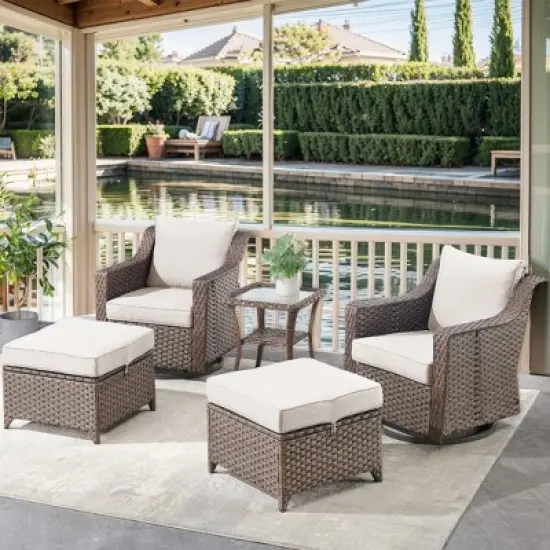 5 Pieces Patio Furniture Set, Wicker Rattan Outdoor Conversation Set with Patio Swivel Chairs, Ottoman and Side Table, Patio Set for Balcony image {11}