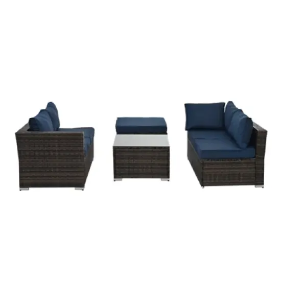 GlasFlength 3PCS Patio Seating Rattan Furniture Set Sectional Sofa Cushioned Garden, Tempered Glass Table, Blue, 51.1"*27.5"*25.62" image {5}