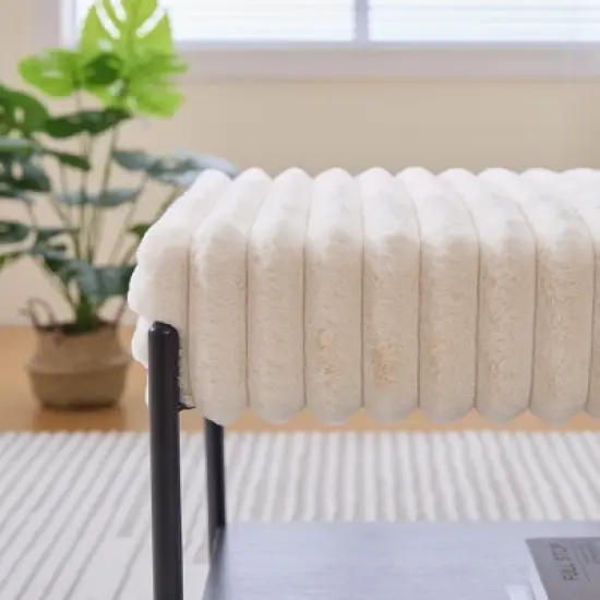 Dolonm 30.7 in. Faux Fur Ottoman/Footrest / Coffee Table with Black Metal Legs - with Open Wood Storage Shelf, Color image {4}