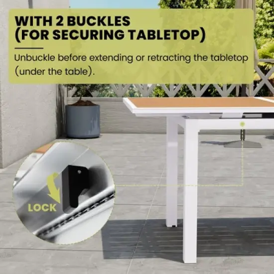 Crestlive Products Outdoor Dining Table, 63"-83" Patio Extendable Dining Table with Wooden-Like Top and White Aluminum Frame image {5}