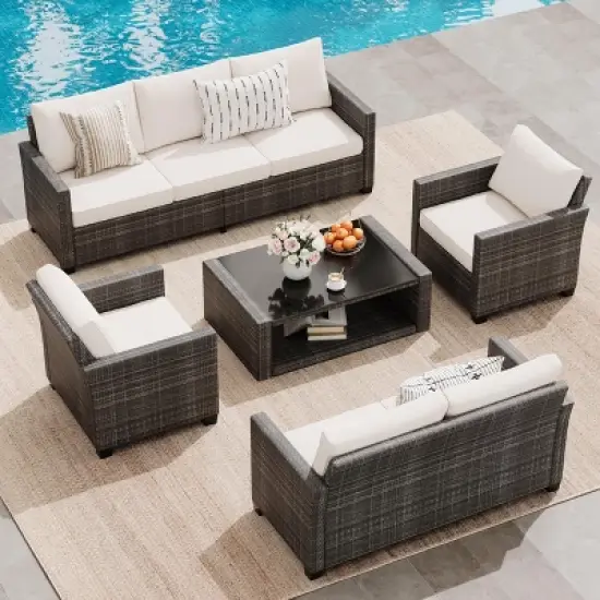 Whizmax Outdoor Patio Furniture Sets,PE Wicker Rattan Sectional Furniture Couch Set with Glass Coffee Table for Backyard, Deck, Poolside image {8}
