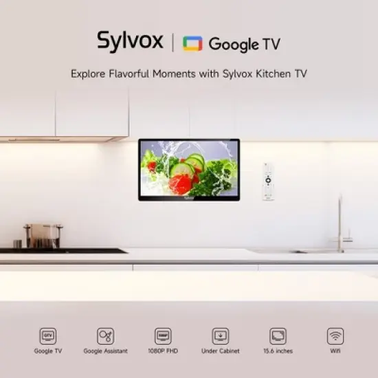 SYLVOX 15.6" Smart Kitchen TV, 1080P FHD Flip-Down Under Cabinet TV, Newest Google TV with App Store, Google Assistant, 12-Volt Smart TV for Kitchen image {4}