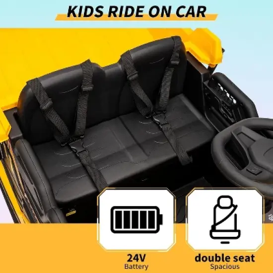 24V Kids Ride On Dump Truck with R/C, 2 Seater Electric Car with Electric Dump Bed & Shovel, Music Player, Soft Start, 19" Spacious Seat, Yellow image {1}