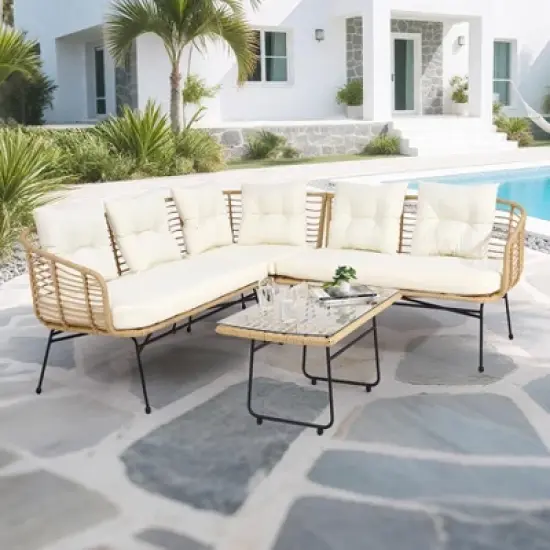 4 Pieces Patio Furniture Set,Boho L-Shaped Sofa Outdoor Furniture Lounge Set Conversation Sectional with Thick Cushions image {8}
