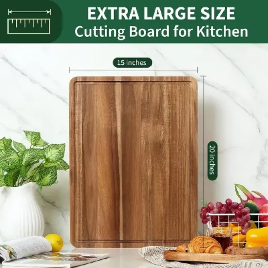 20x15 Inch Acacia and Bamboo Wood Cutting Board, Cheese and Charcuterie Board for Kitchen Use, Built-In Side Handles, Juice Grooves: image {4}