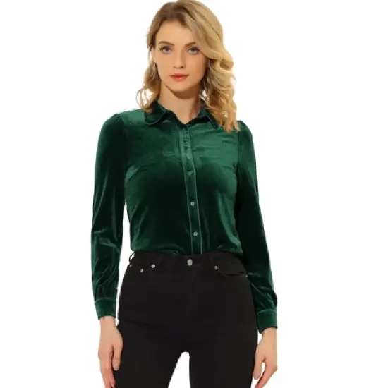 Allegra K Women's Button Down Blouse Solid Color Long Sleeve Velvet Work Shirt image {6}