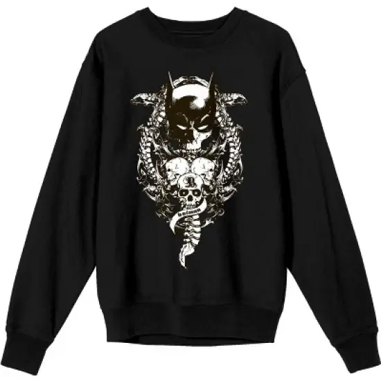Batman Bat Mask With Three Skulls Men's Black Crew Neck Long Sleeve Graphic Sweatshirt image {6}