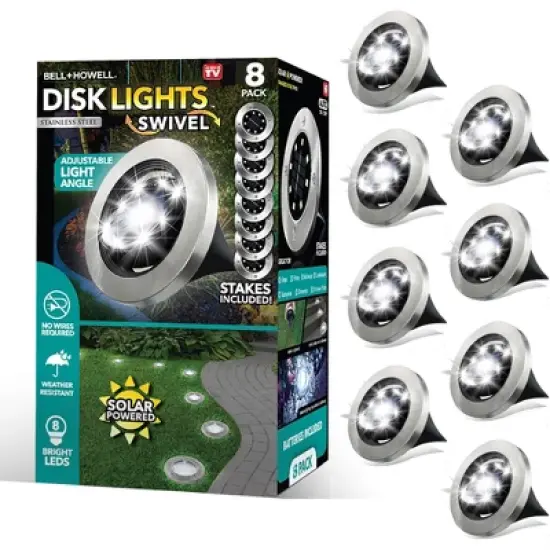 Bell + Howell 8 LED Swivel Solar Powered Disk Lights with Auto On/Off, Adjustable Angle, Walkway Lights image {14}