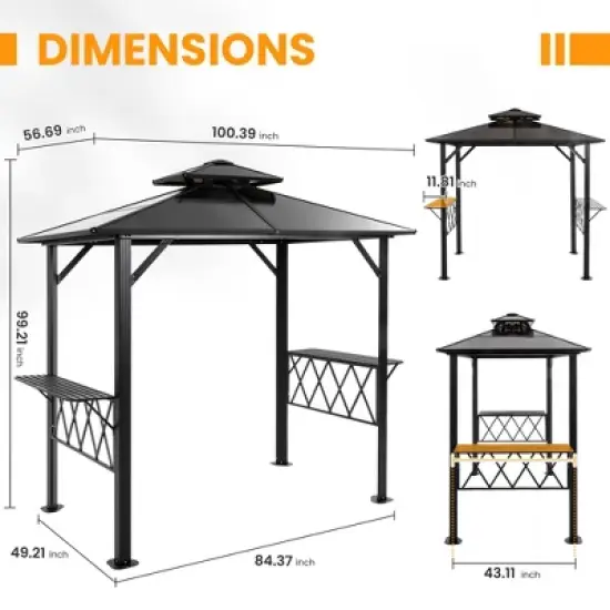 Pamapic 8' x 5' Hardtop BBQ Grill Gazebo Tent Canopy with 2-Tier PC Roof and Side Shelves, Gray image {4}