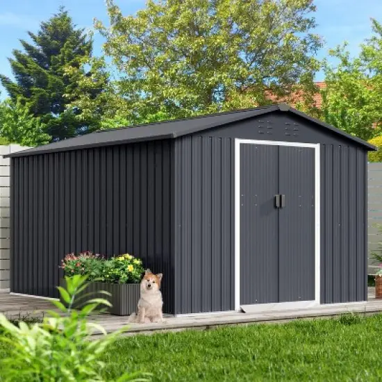 Acekool 8x15 FT Metal Outdoor Storage Shed, Large Garden Tool Shed with Lockable Sliding Door, Vents, Sloped Roof, Waterproof for Backyard, Gray image {7}