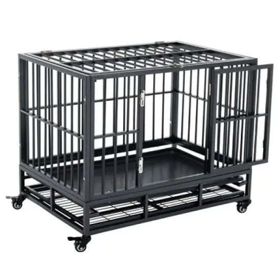 PawHut Heavy Duty Dog Crate Dog cage Kennel with Lockable Wheels, Double Door and Removable Tray, Grey image {9}