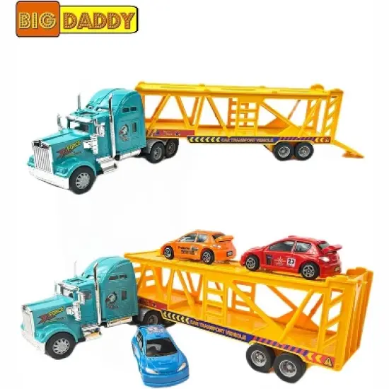 Big Daddy Heavy Duty Tractor Trailer Race Car Transport Toy Truck with 3 Cars image {1}