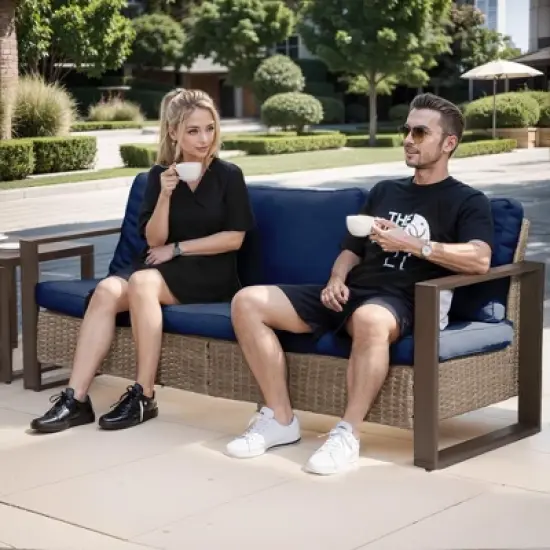 COWLOWN Dark Blue Outdoor Rattan Patio Sofa, 3-Seat Wicker Couch with Armrests and Cushions, Weather-Resistant Furniture for Backyard, Garden, Porch image {3}