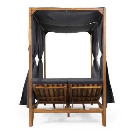 Christopher Knight Home Kinzie Outdoor Acacia Wood 2 Seater Adjustable Daybed with Curtains,Teak/Dark Gray image {6}
