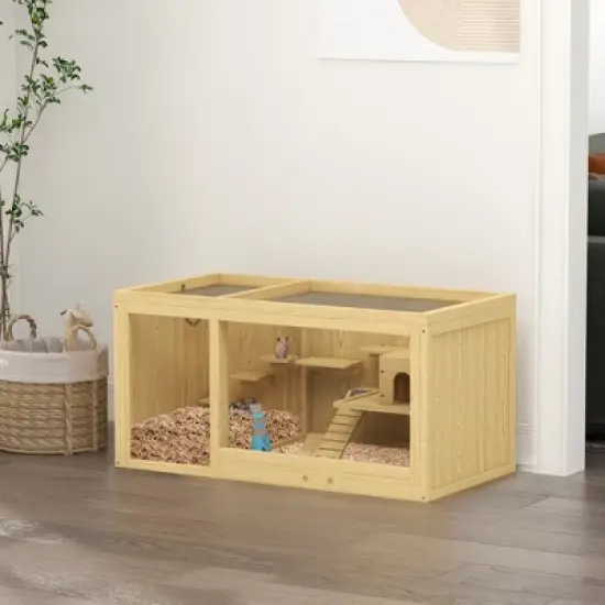 PawHut Wooden Hamster Cage, Extra Large Gerbil Cage Activity Center for Dwarf Hamster with Pull-Out Tray, Seesaws, Water Bottle, Ladder image {1}