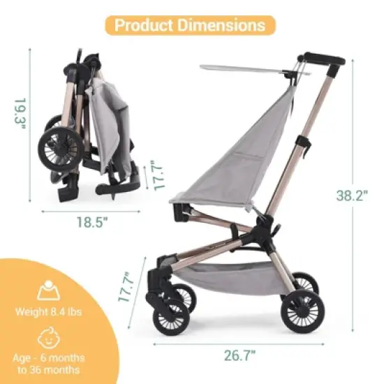 Lightweight Baby Stroller, Compact Travel Stroller with Easy One-Hand Fold, Adjustable Canopy, Storage Basket & All-Terrain Wheels, Light Grey image {7}