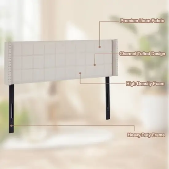 Linen Upholstered Headboard, Tufted Nailhead & Double Wingback, 6 Adjustable Position image {6}