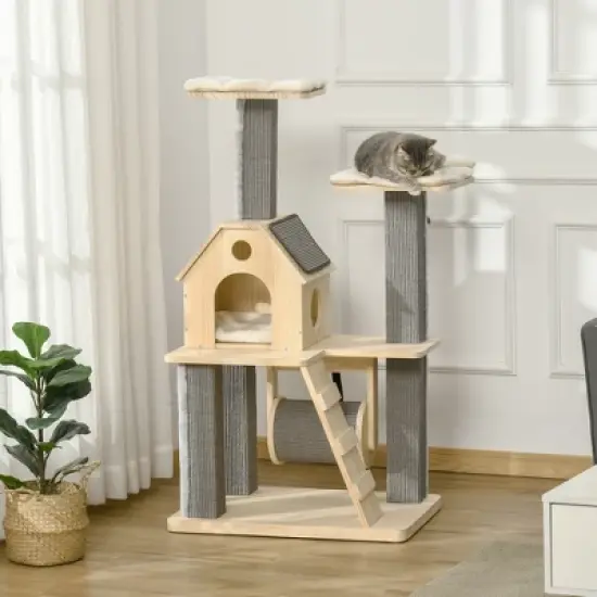 YOOCOZZ PawHut Cat Tree, with Pillow-Covered Perches, Spinning Toy, Scratching Posts, Cat Condo and Ladder-Natural image {8}