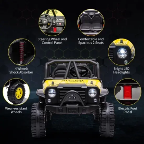 Kids Ride On Car, 24V 2 Seater, with Remote Control, Kids Electric Vehicle with 19" Wide Seat, LED, Spring Suspension, Yellow image {3}
