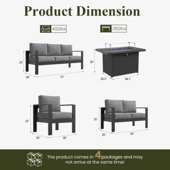 LayinSun 5 Pieces Aluminum Outdoor Patio Furniture Set with Fire Pit Table, Outside Metal Patio Conversation Sets with Deep Seating and Thick Cushions image {7}