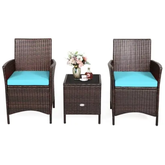 Costway 3PCS Patio Rattan Furniture Set Cushioned Sofa Glass Tabletop Deck Red\Blue\ White image {8}